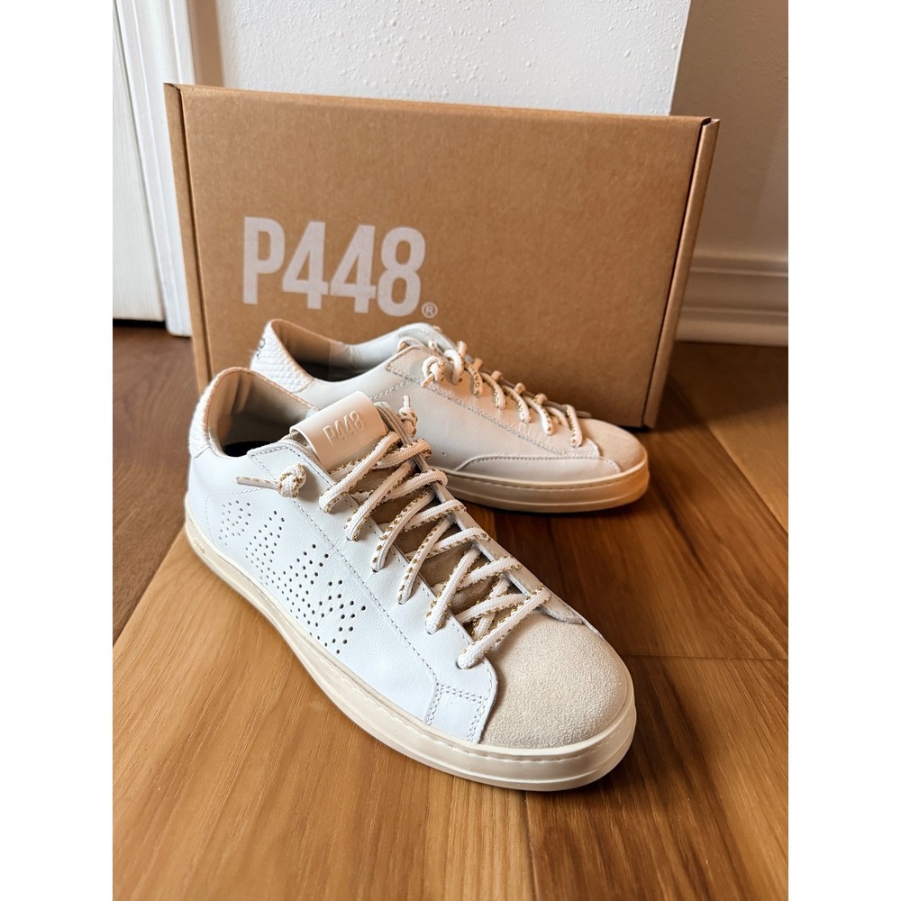 P448 John Low Top Sneakers Womens 10 US 40 EU White Beige Leather Made in Italy - Picture 6 of 11